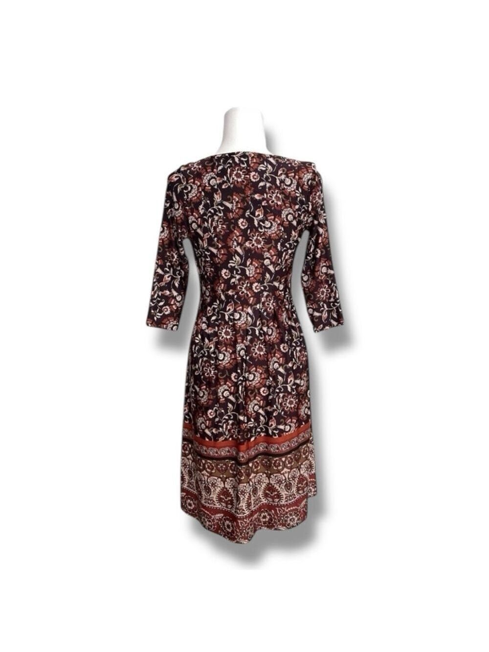 Shelby & Palmer Burgundy Floral Fit & Flare Midi Dress 3/4 Sleeve Women’s Small - Picture 3 of 9